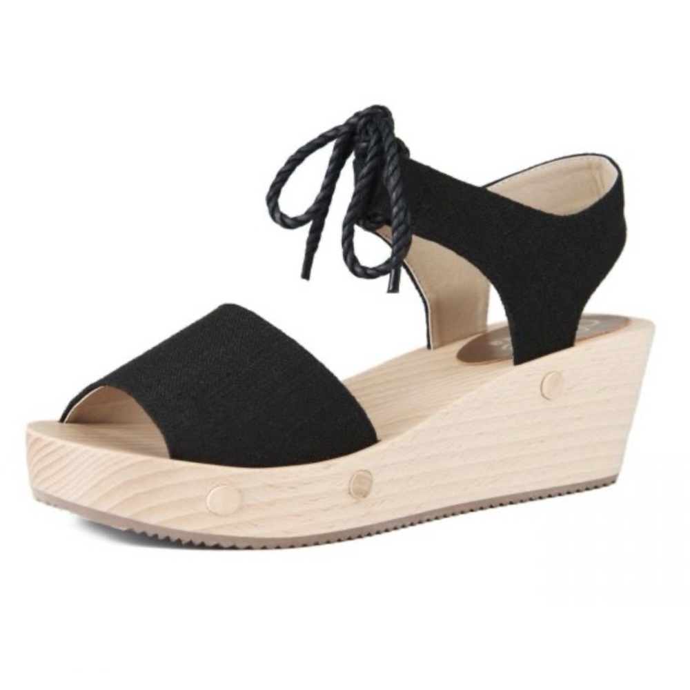 Sedette Size 7.5 black linen tie-up wooden clog platform wedge sandals. New.‎